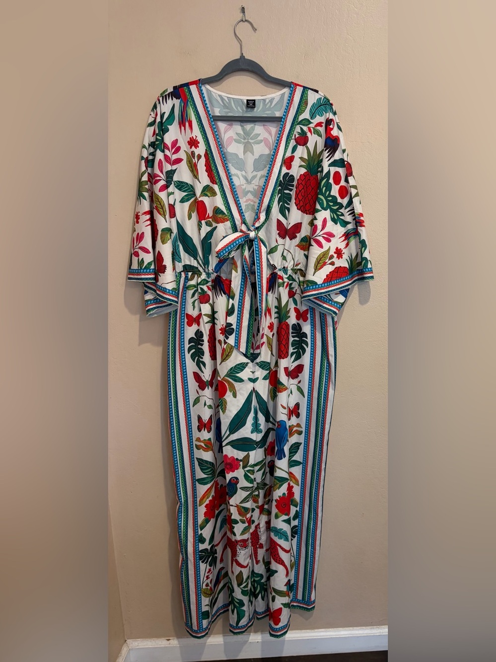 Shein White Wide-Leg Tropical Pineapple Jumpsuit w/ Tied Bust & Peep-hole, 2X